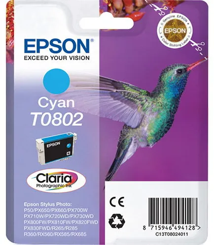 Epson T0802 C13T08024011 Cyan Ink Cartridge, 350 Pages